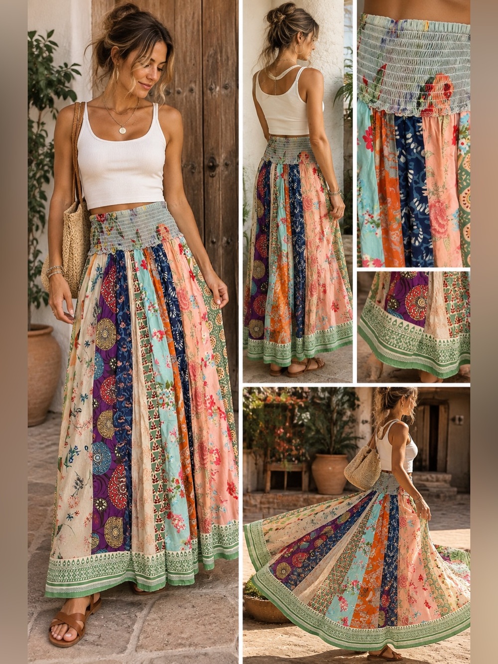 Blue Sky Patchwork Boho Maxi Skirt Size Medium